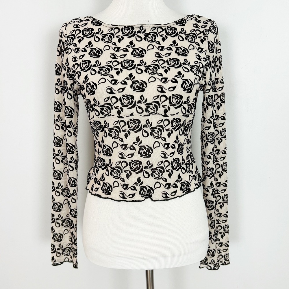 ACOA Women Medium Black Velvet Rose Open Back Mesh Top Long Sleeve ACT12077